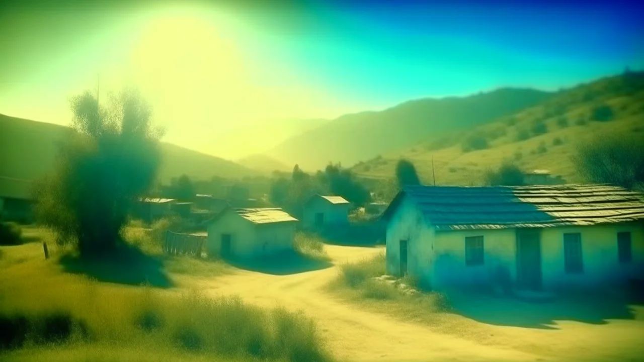 antique analog vintage, A refreshing morning scene painted in shades of blue, showing a small village with quaint houses and the sun rising behind the hills, casting golden light., stained vignette, highly detailed found footage, desaturated faded film, film skratches and dust