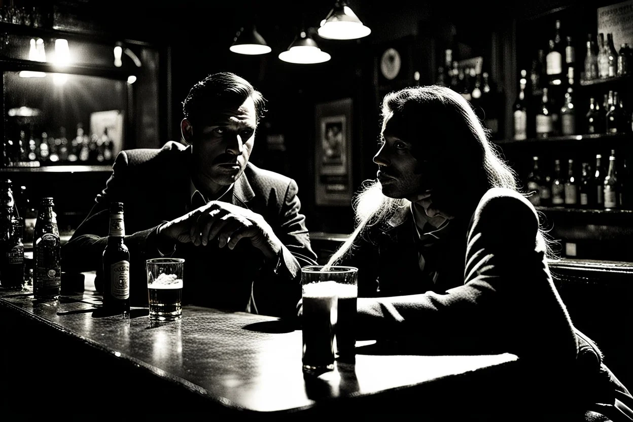 photo from an crisis of a couple in a bar. The scene is set in a dimly lit bar with a melancholic atmosphere, evoking a film noir style. The bar is filled with smoke and shadows, and with couples talking and drinking. At the bar counter, a man and a woman sit beside each other. The man is hold a glass beer and looking another young woman in bar, while the woman sadding face looking the counter. dramatic shadows, woman sadding face looking the counter. sadness, paint, loneliness