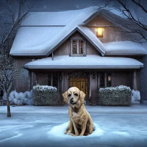 portrait of sad, scared, lonely dog tied with a short chain in front of house, winter, 8k resolution, high-quality, fine-detail, intricate, digital art, detailed matte, volumetric lighting, illustration, 3D octane render, brian froud, howard lyon, selina french, anna dittmann, annie stokes, lisa parker, greg rutowski