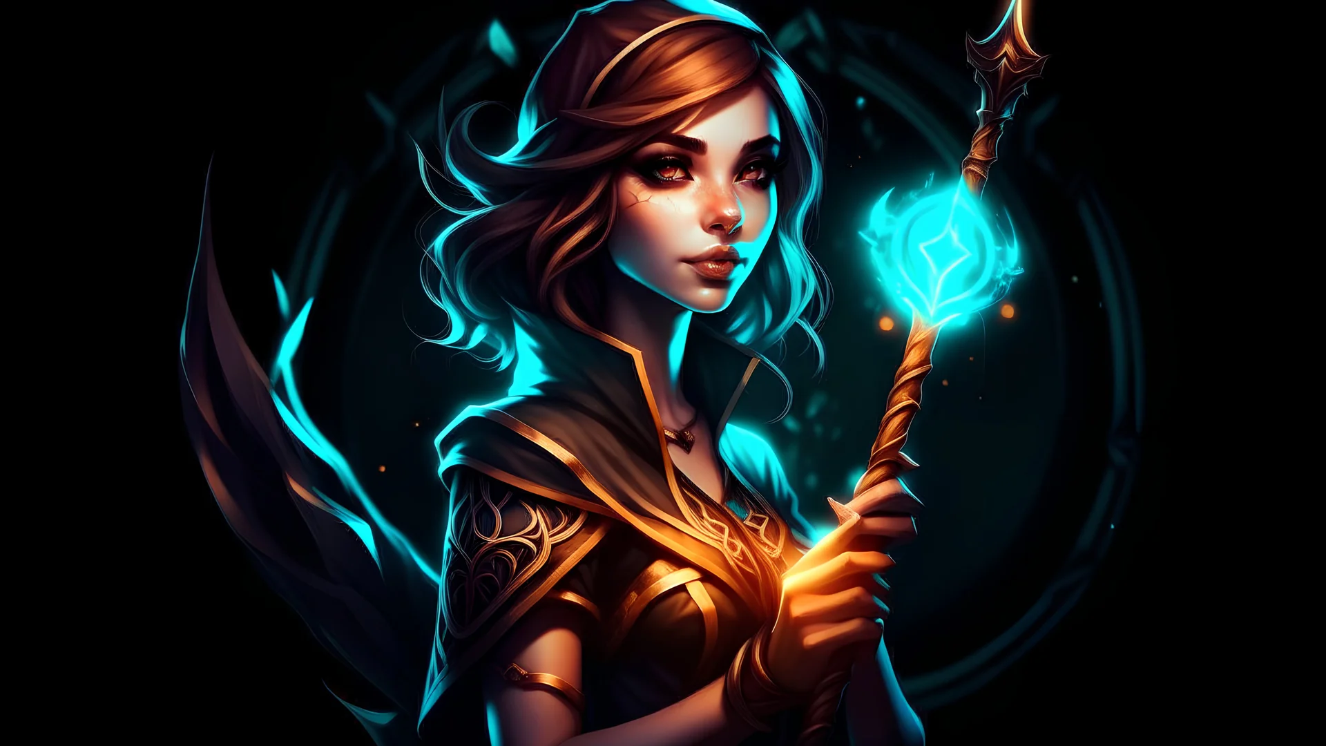 game fantasy girl on a bright background holds a magic staff, with the ERAZE logo. The edges of the image fade to black.