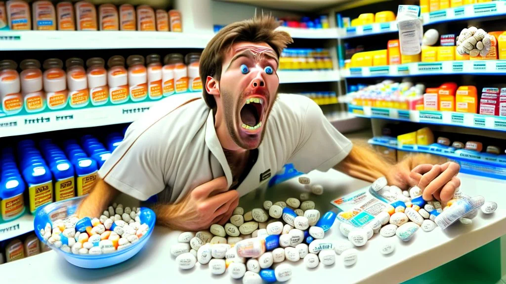 guy frantically eating a lot of pills at pharmacy counter