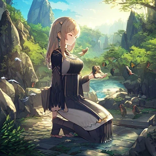 anime girl praying, kneeling, rock trees, birds, creek