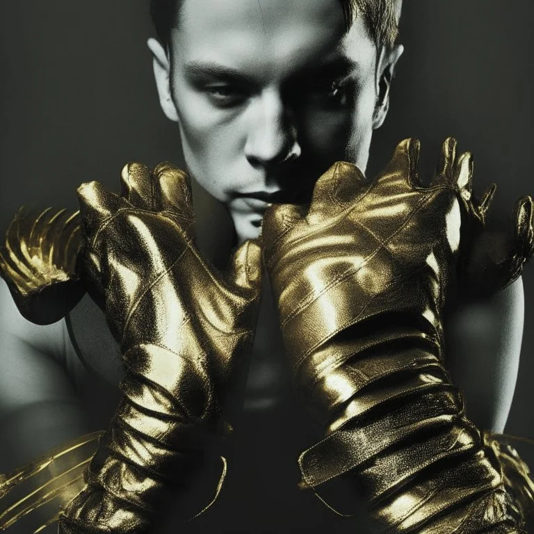 having fashion golden spike gloves on his arm