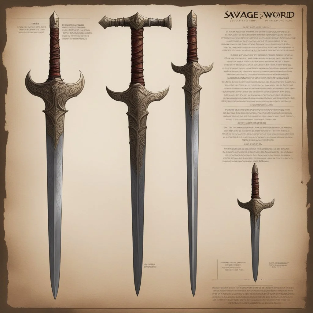 ConceptSheet: A document showing Savage Sword , the weapon of choice for Kate Fleetwood, from Conan so powerful of incomprehensible power.