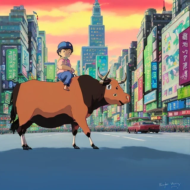A one-year-old boy rides on the cow in the middle of a busy street in new york. photographic, bright colors and sunset, fantasy art, Anna Dittmann, digital painting, dan mumford, oil on canvas, jeff koons, akihito yoshida, wlop, kodachrome.