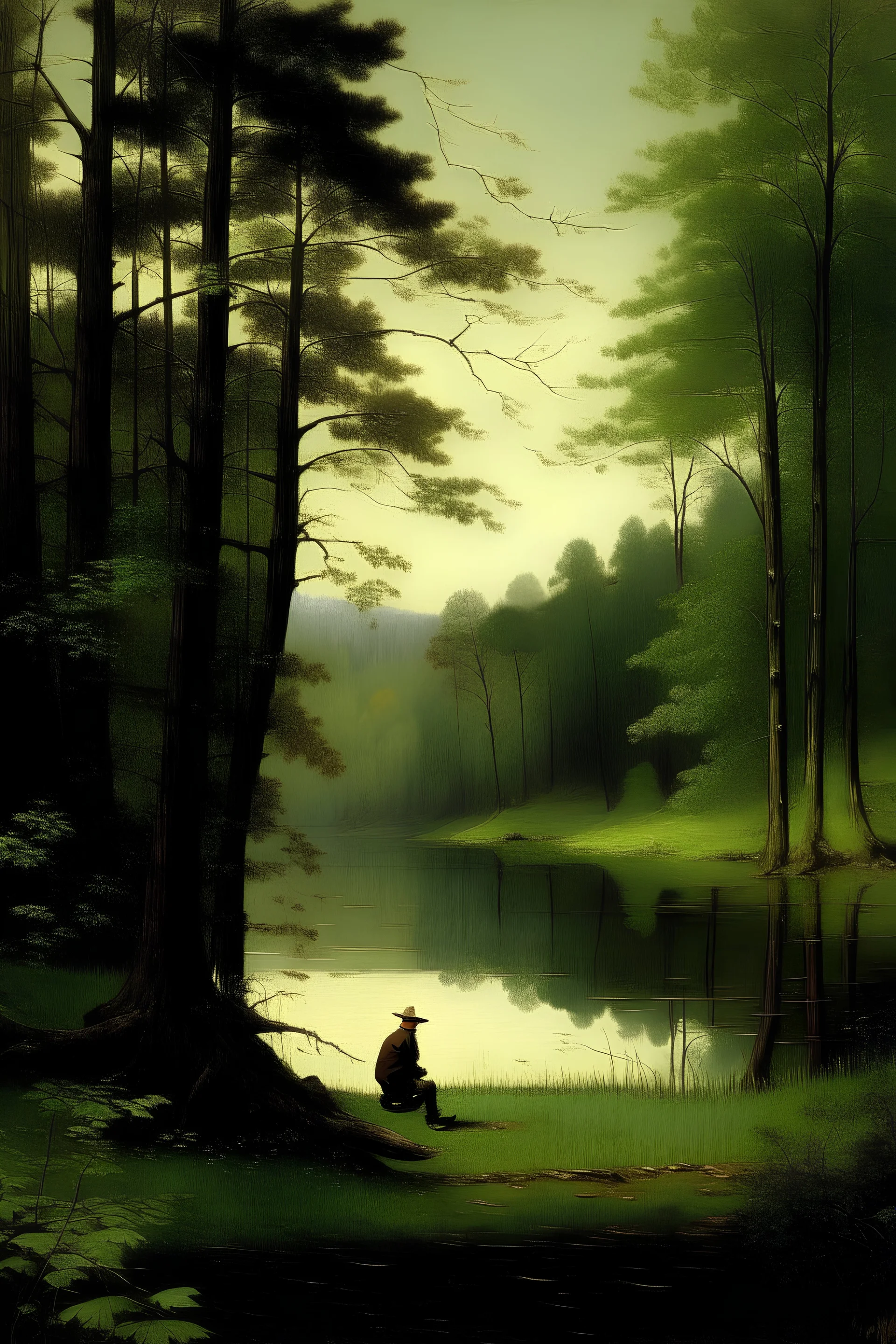 A lonely man in front of a lake in a forest, by Le Titien
