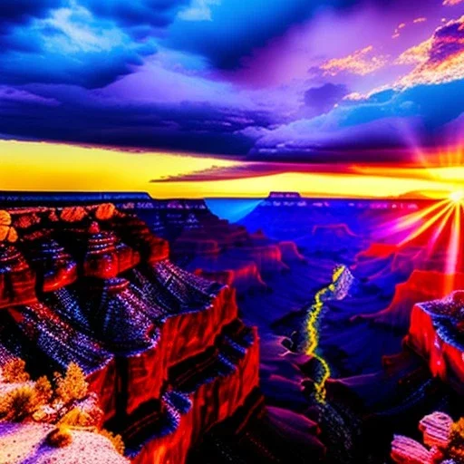 Grand Canyon, Arizona, high resolution, realistic, beautiful, volumetric lighting, colorful,warm colours, masterpiece, crystalline,dawn,cloudy, detailed, aerial view, 8K, intricate details, cyberpunk, cosmic