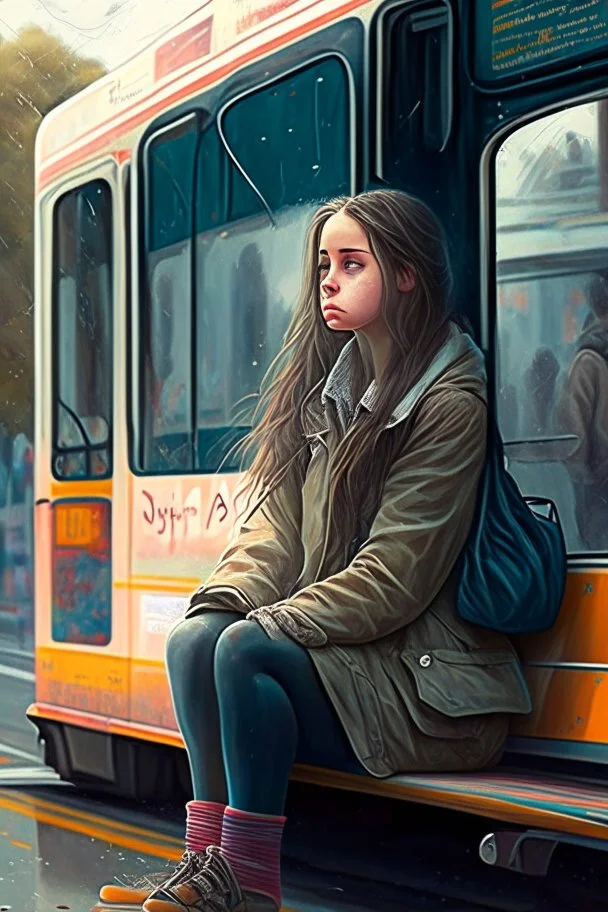 The beautyful girl waiting bus