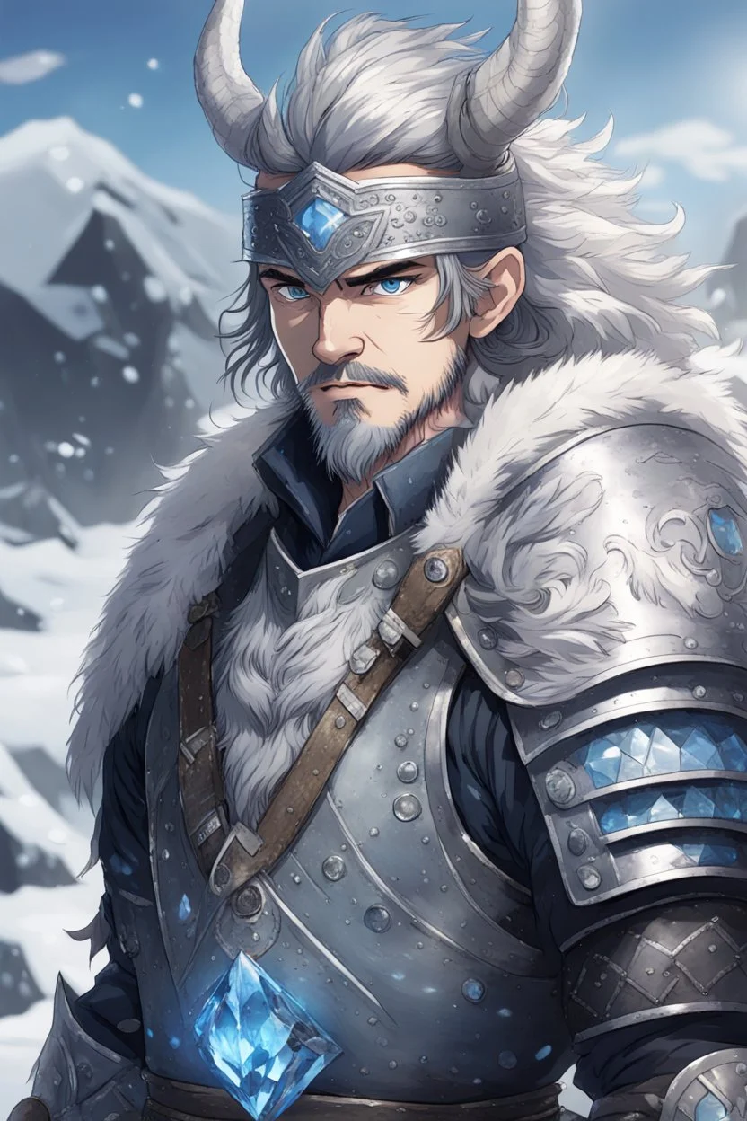 in anime style,1older man, a older man with blue eyes and black hair man in silver Viking armor with fur around the neck with blue crystal on his chest holding an axe in his hands standing on a pirate ship in the artic, warrior in anime style,