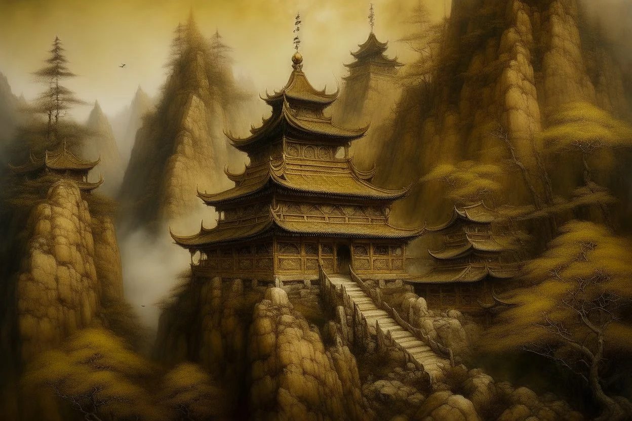 A yellowish-brown temple on a mountain painted by Zhang Lu