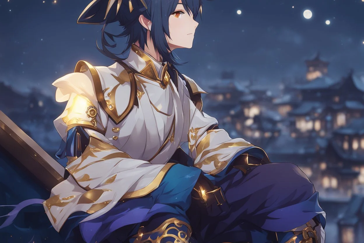 Xiao from Genshin Impact, highly detailed, intricate background, sitting on rooftop, contemplative