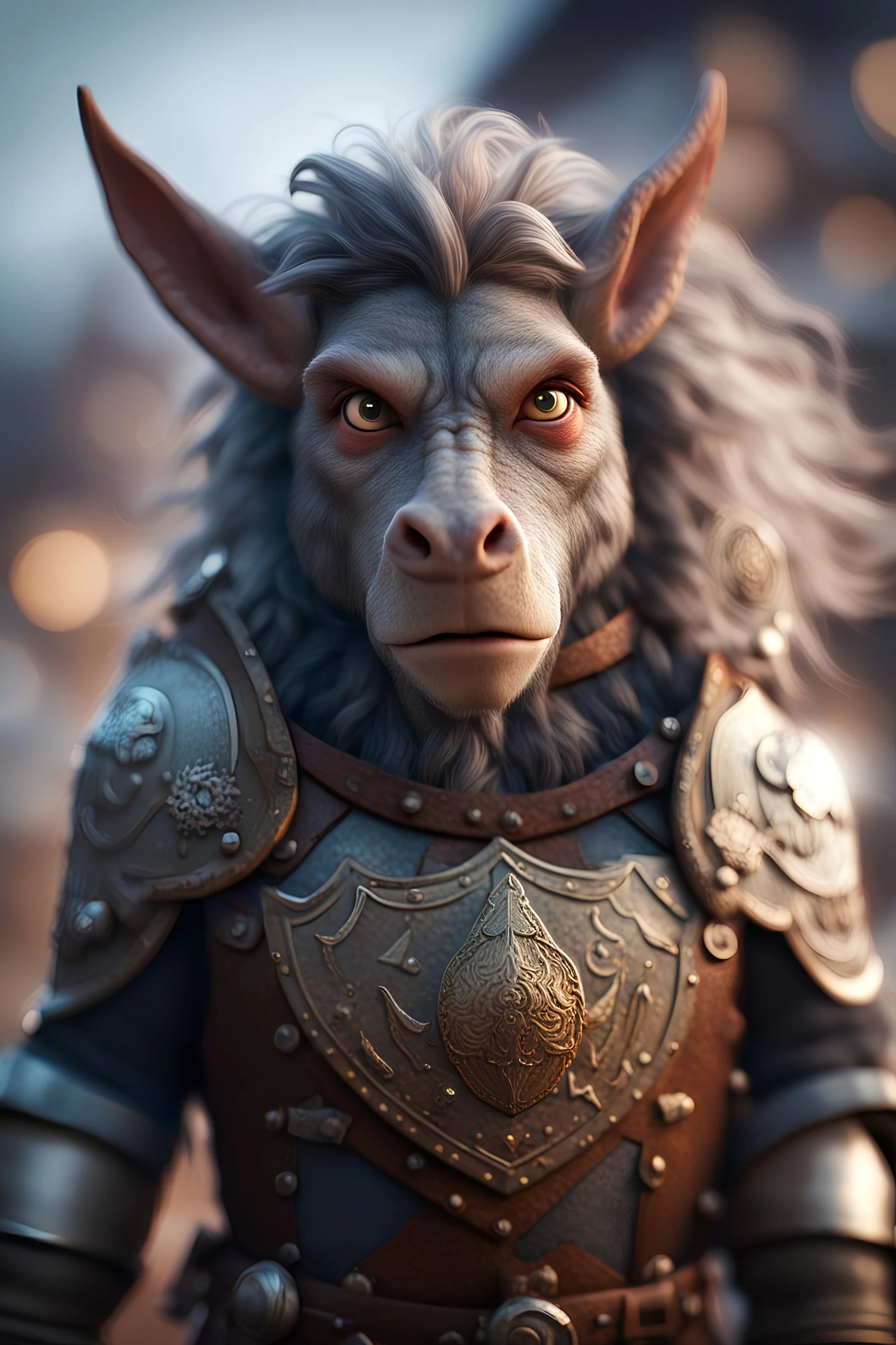 gremlin war horse, epic hero norseman with wild hair, short ears, and big holy ornamented shield Under stjerners gnist Vi går som ett, vår tro et løfte ,bokeh like f/0.8, tilt-shift lens 8k, high detail, smooth render, down-light, unreal engine, prize winning