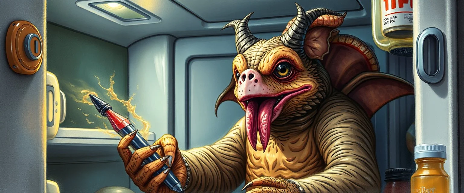 airbrush and pen, final boss pork turkey sloth demon in the fridge space craft in the style of fantasy art