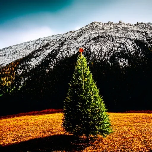 isolated christmas tree in the middle of mountain autumn