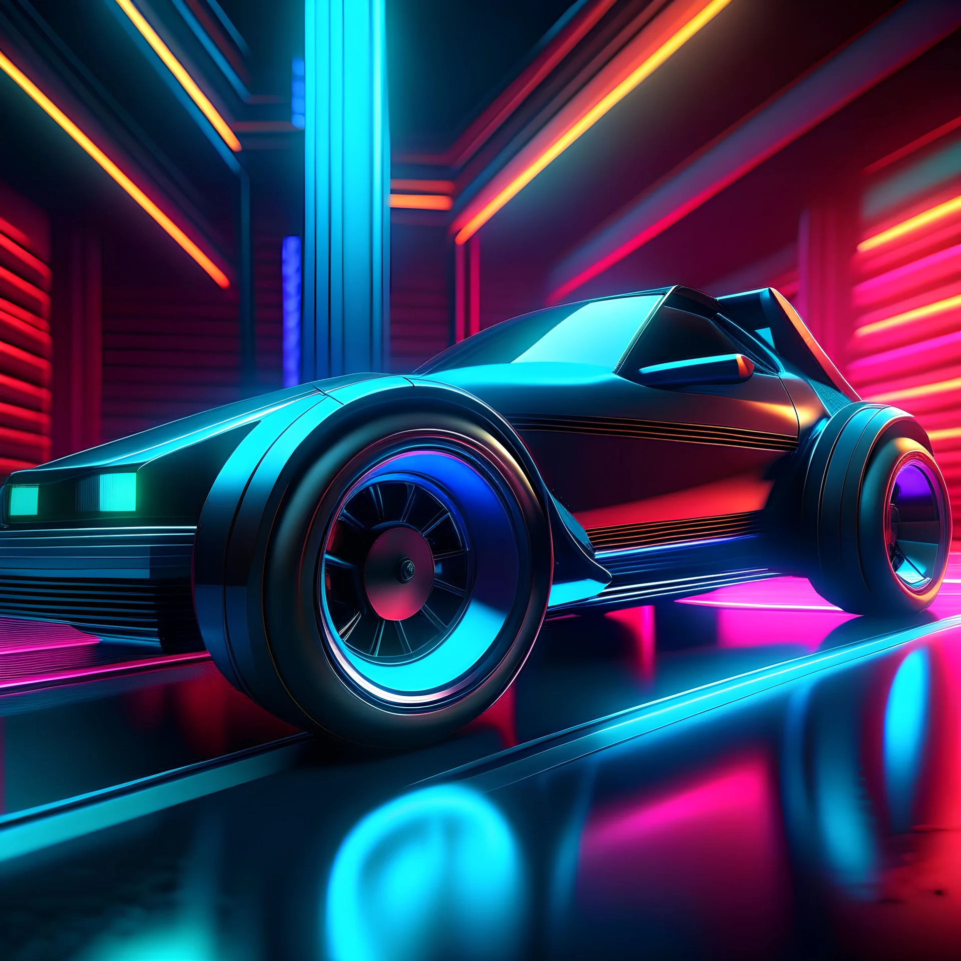 Create a 3D render style poster featuring a little RC Cart close-up, standing in front of a V12 engine luxury car. The background milieu is futuristic and synth wave-inspired. The viewing angle is unlike the original because it is seen from the side.