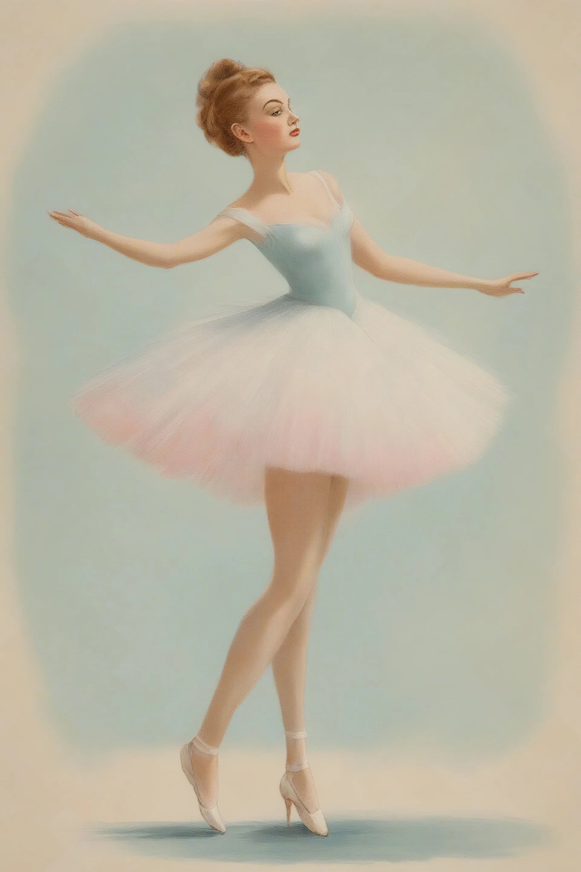 1950s illustration of a ballerina, style of Marcel Marlier, pastel colors