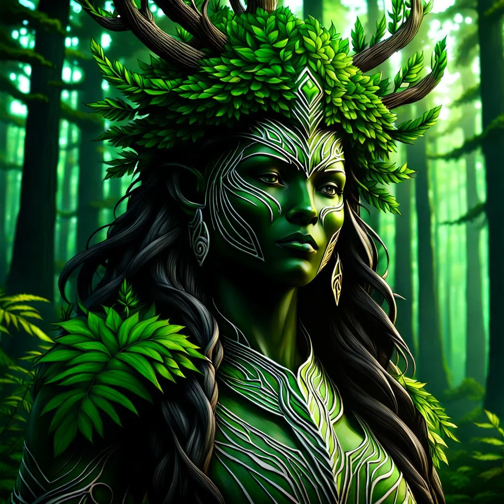 create a female shadowed forest spirit guardian , with highly detailed, sharply lined facial features, in the deep forest of Brokilon , 4k