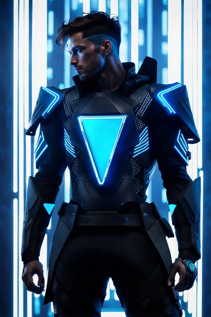 cyberpunk, neon blue, triangle of light floating behind the back, cyber armor, geometric patterns on an armor, male