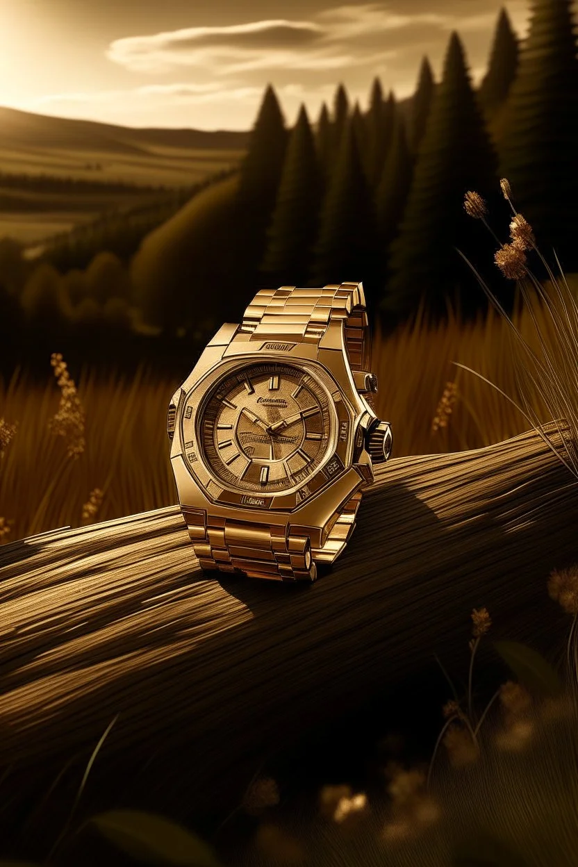 Create an image of an Audemars Piguet gold watch in a stunning natural setting, perhaps against a backdrop of a picturesque landscape, to highlight its timeless beauty.