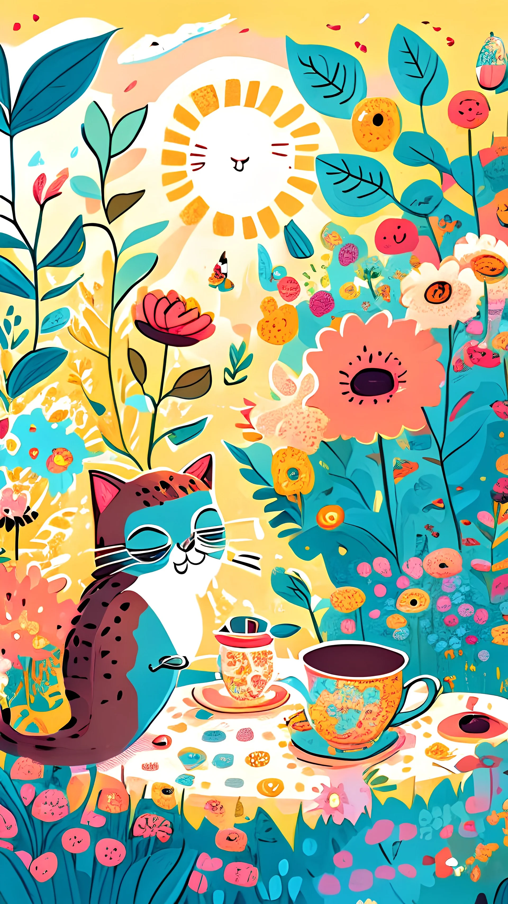 Children book style Boho cat in flowers garden having tea with funny bird in sunlight seamless