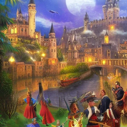 A magical canal city of wizards, witches and warlocks with a castle sir Mai Kemble style