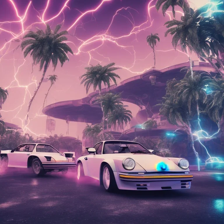 1980's aesthetic vaporwave palm trees and spheres and Porsche with lightning