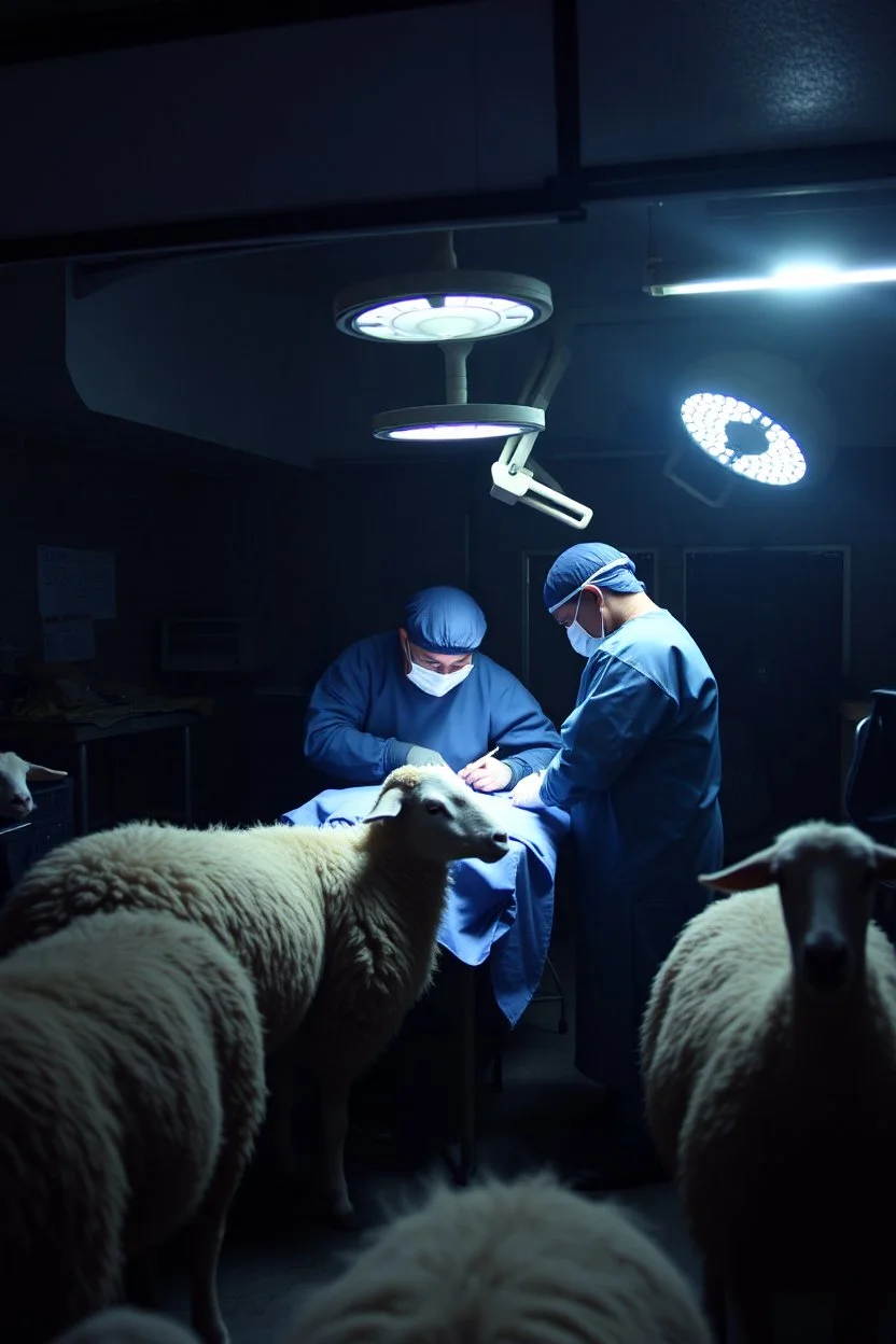 low res cctv footage of forbidden medical procedures preformed in a motor garage, with landrovers, surounded by sheep with "Rabies"