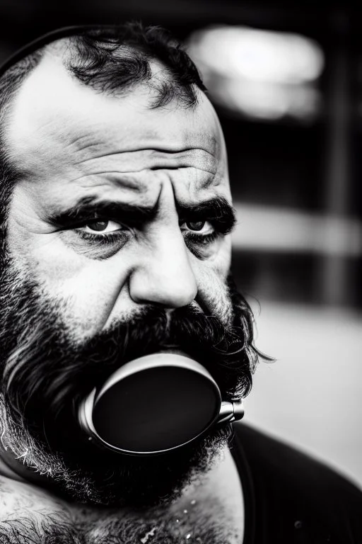 close up photography, dirty burly chubby Italian strong 48 years old homeless man, dripping milk from open mouth, dripping on the beard, with dirty tank top, emotional eyes, manly chest, photo, Canon EOS, lens 35mm, natural lights, 8K, in the morning