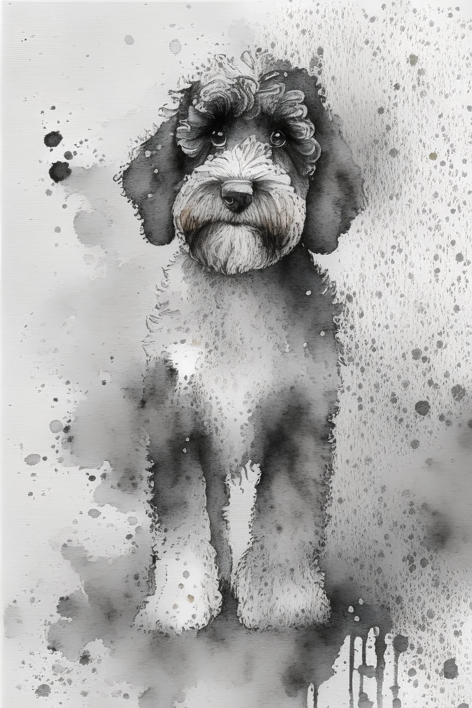 Abstract wet watercolour of a black and white bernadoodle, ink lines, splashy background detailed,focus on eyes, watercolour paper