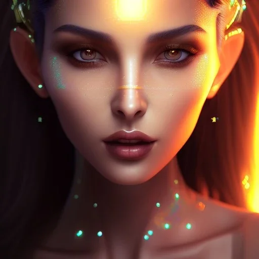 Close-up of a beautiful Arab girl, dark black hair, dark black eyes, high makeup, Artstation, Light Painting, Super-Resolution Microscopy 8K Phosphor Display, Glossy, Ray Tracing Reflections, RGB Displacement, Glowing Edges, RTX