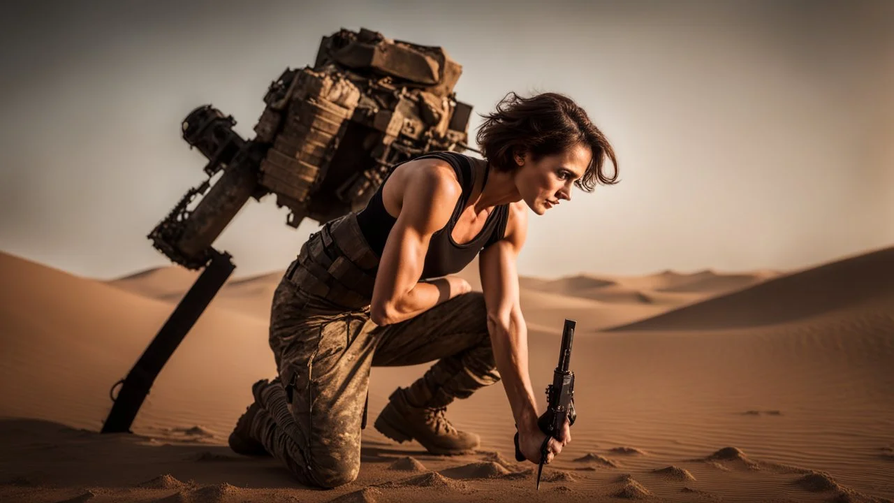 beautiful slender caucasian female technician with a small knife, black tank top, well toned muscles, weathered face, scratched sand camo metal details, short brunette wavy bob haircut, dystopian, desert scene with smoke and explosions, opponent is a giant muscular soldier