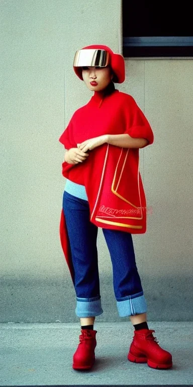 Asian, modern, beautiful woman, street, thick thigh, thick calves. Style futurism, 1996, daft punk, rough street style, Gamjan style.Mantle is sewed of recycled Denim and sewed together red felt pieces.Big headphones, with gold rings, is merged with small felt cap with small visor. A bag is integrated to the mantle. Big camouflage Patterns are composed of orange, cream, blue, lilac and purple. blue latex somewhere. It is with big bright purple felt tippet and cream-colored-hood. tippet