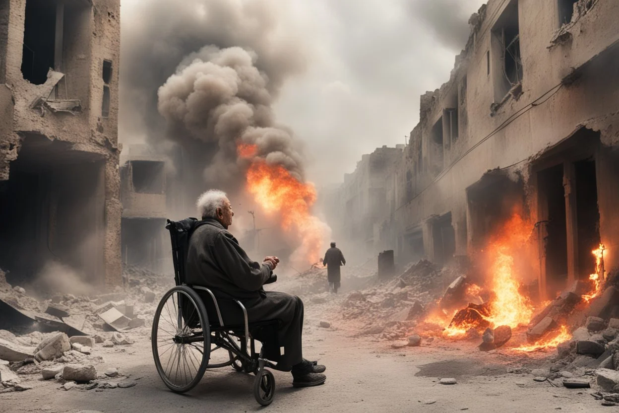 bloody elders in wheelchairs trying to escape from falling bombs in a ruined city in Palestina, smoke and fire and explosions