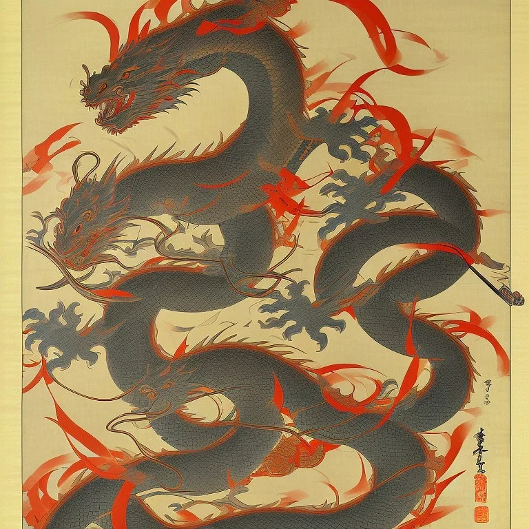 Ukiyo-e style art, dragon at the center of the picture,