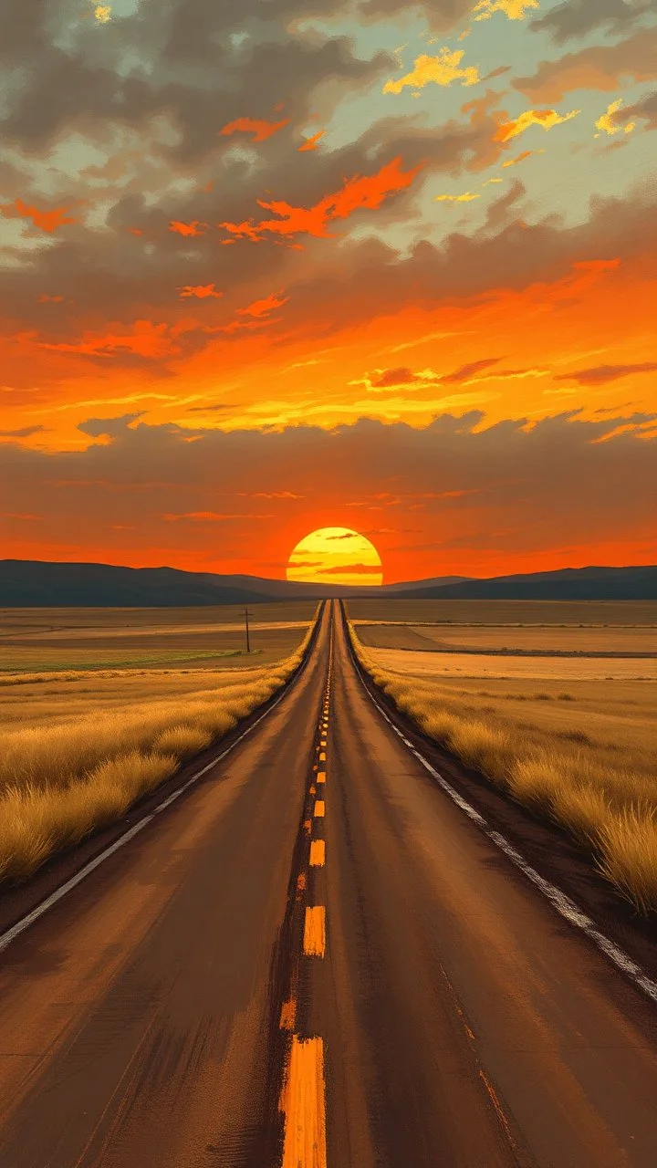 road with sunset in the prairies, old western, painting based on grainy photo, orange brown tones