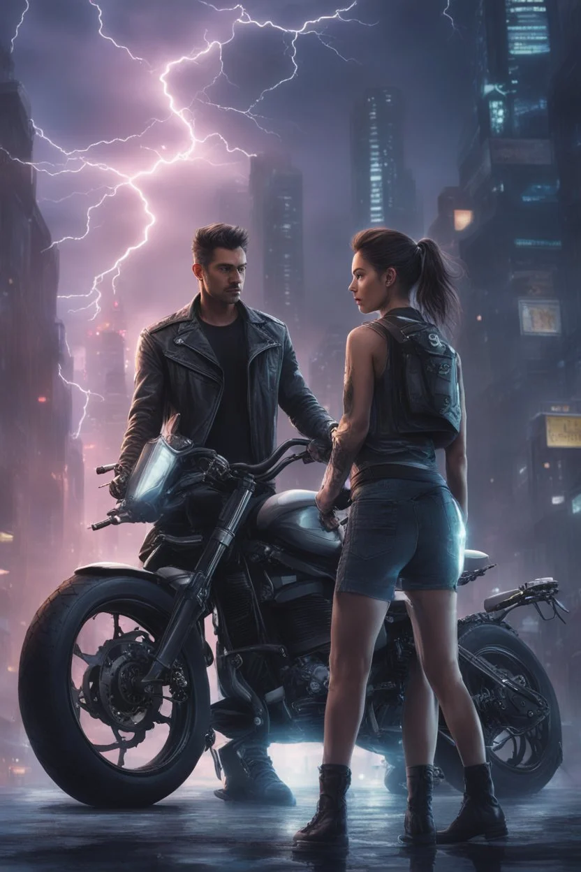 Science fiction, cyberpunk, city street, couple girl and guy, together, love at first sight, forbidden love, storm, lightning, motorcycle