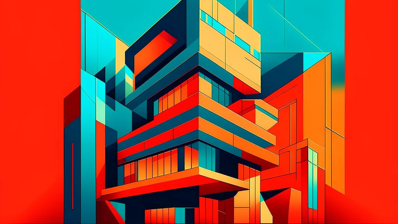 Abstract illustration of a building shaped like the letter "A", modern architecture, clean lines, geometric shapes, minimalistic design, vibrant colors, digital art by M.C. Escher and Frank Lloyd Wright.