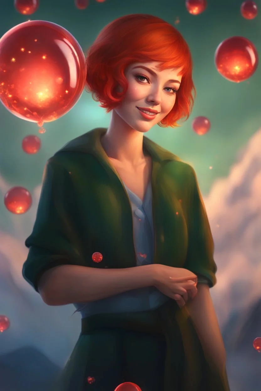 3D Bubbles, Floating hearts with an electrical current, fog, clouds, somber, ghostly mountain peaks, a flowing river of volcanic Lava, fireflies, a close-up, facial portrait of a totally gorgeous woman with short, buzz-cut, pixie-cut red hair tapered on the sides, wide open, green eyes, smiling a big bright happy smile