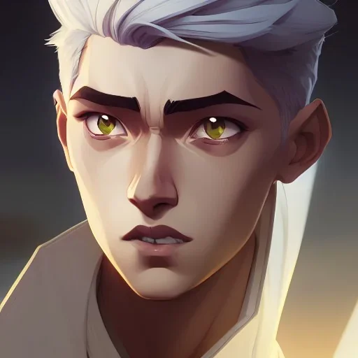 fantasy young ethnic skinny male with lean muscles, strong jawline, full big lips, white short hair, in library, ⭐☁️, friendly slight smile, hd, uhd, full body, modern anime art style, epic anime key visual, Artstation trending, loish rossdraws artgerm, golden ratio, fake detail, trending pixiv fanbox, style of makoto shinkai studio ghibli genshin impact james gilleard greg rutkowski chiho aoshima