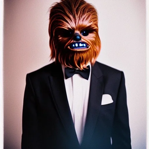 Chewbaca in a suit, analog photography, professional lightning