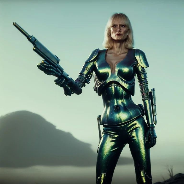 Ultra Realistic retro sci-fi movie war scene, waist up view portrait, blonde woman pointing a gun, sweet young Daryl Hannah face, perfect iris, glow eyes, makeup, weapon. War background, Retro sci-fi style, tight latex coat, fog, rain, soft color, highly detailed, unreal engine 5, ray tracing, RTX, lumen lighting, ultra detail, volumetric lighting, 3d, finely drawn, high definition, high resolution.