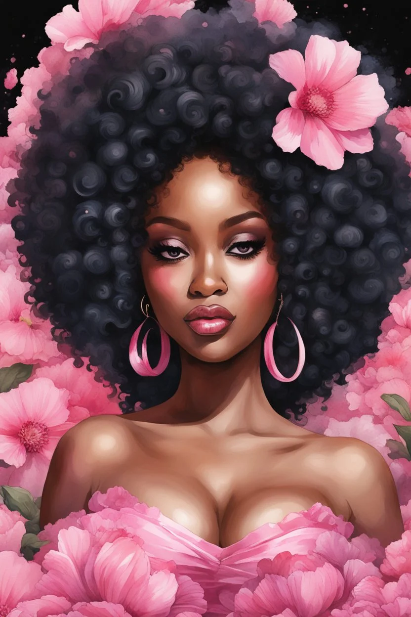 Create an watercolor image of a curvy black female wearing a pink off the shoulder blouse and she is looking down with Prominent makeup. Highly detailed tightly curly black afro. Background of large pink and black flowers surrounding her