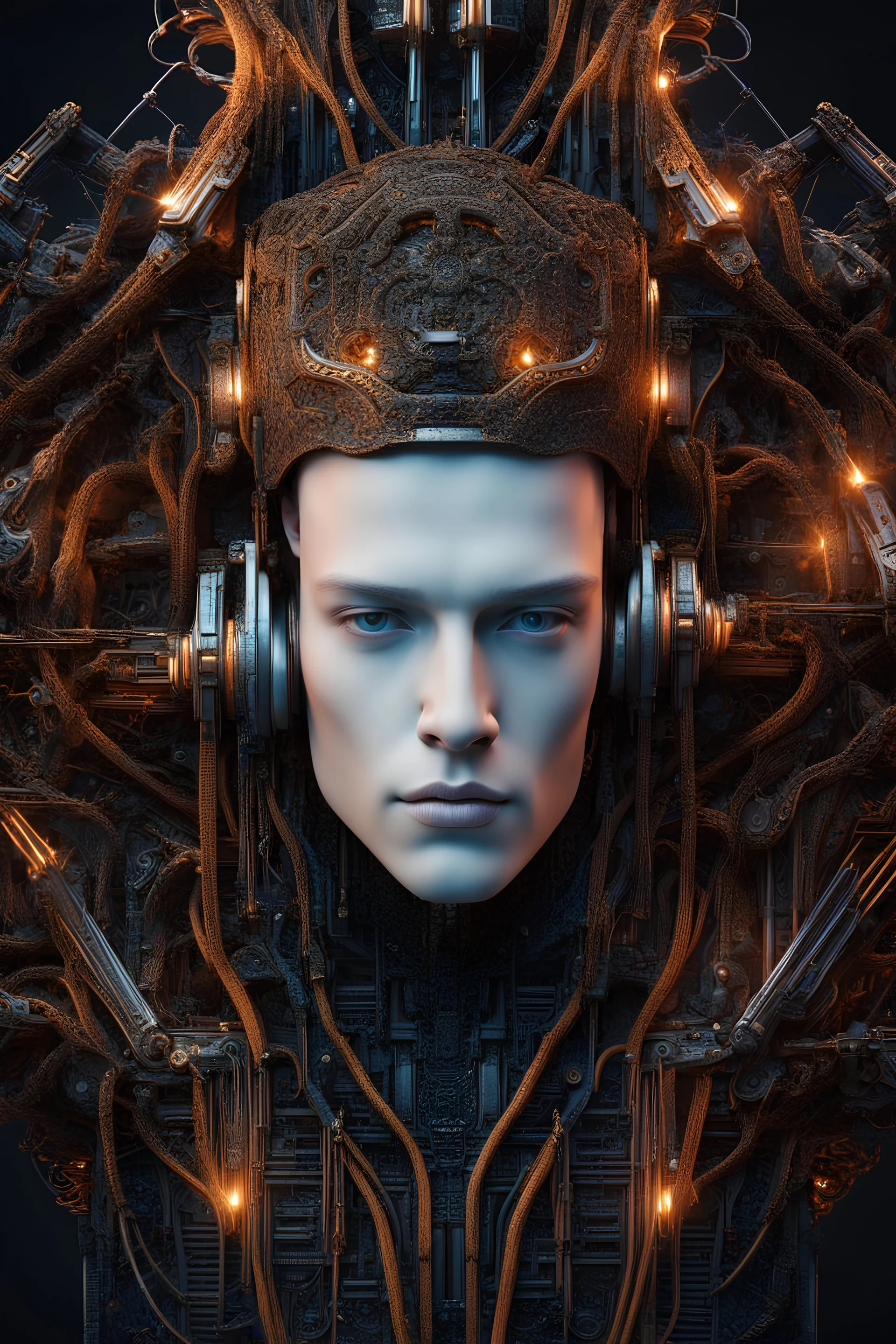 complex 3d render ultra detailed of a handsome porcelain profile young man android face, cyborg, robotic parts, 150 mm, beautiful studio soft light, rim light, vibrant details, luxurious cyberpunk, lace, hyperrealistic, anatomical, facial muscles, cable electric wires, microchip, elegant, beautiful background, octane render, H. R. Giger style, 8k, best quality, masterpiece, illustration, an extremely delicate and beautiful, extremely detailed ,CG ,unity ,wallpaper, (realistic, photo-realistic:1.