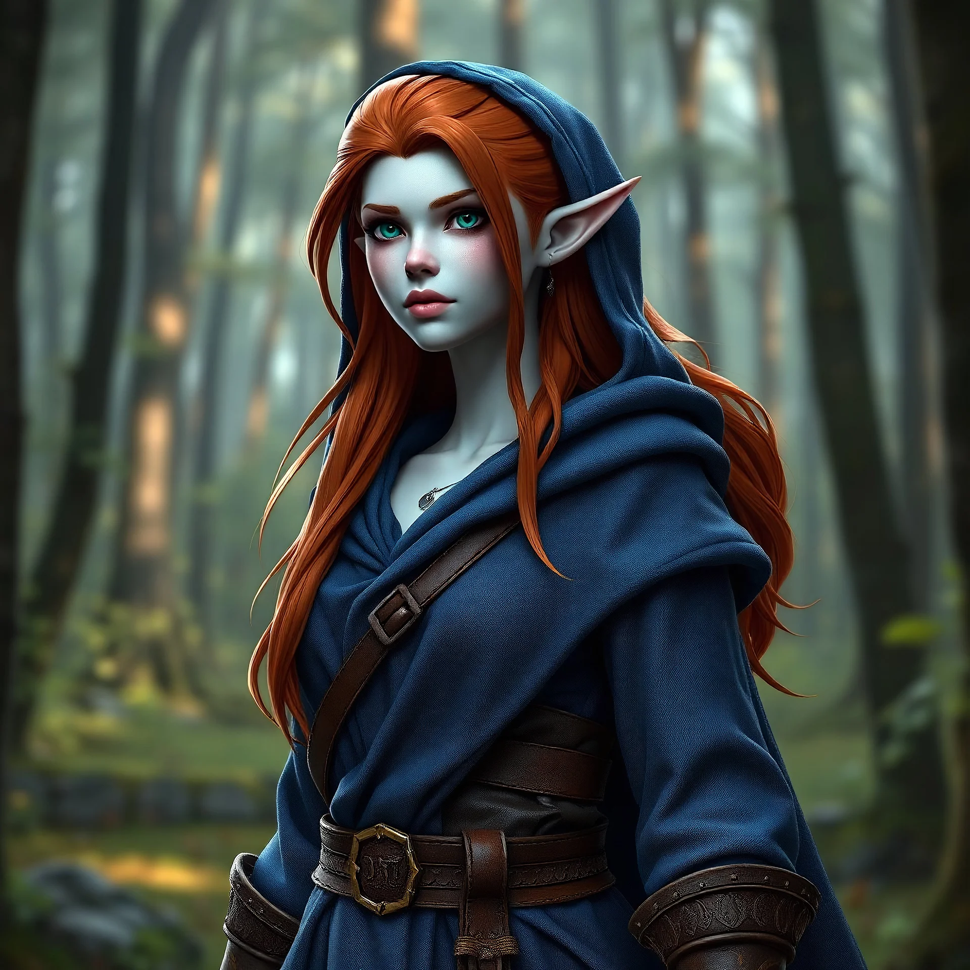 35 year old female orc mage fantasy character, fit body, white skin color, ginger hair color, blue robes, forest, 3D, high quality, 3D, digital art, medium shot, portrait