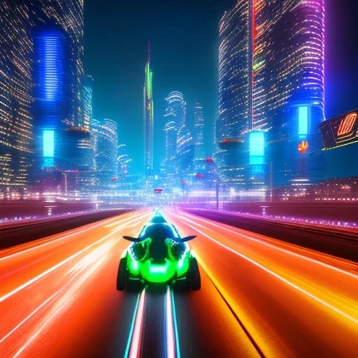 a guy in a futuristic motorbike leaving a futuristic city with neon lights at night, through a super highway, high speed, Looking from behind and from the sky to the highway seeing tall skyscrapers, outer space, vanishing point, super highway, high speed, digital render, digital painting, beeple, noah bradley, cyril roland, ross tran, trending on artstation