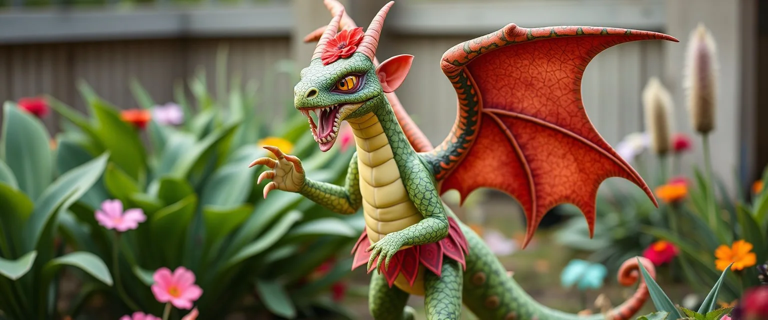 totally symmetric gremlin dragon nice cheerleader in garden doing her thing full body portrait