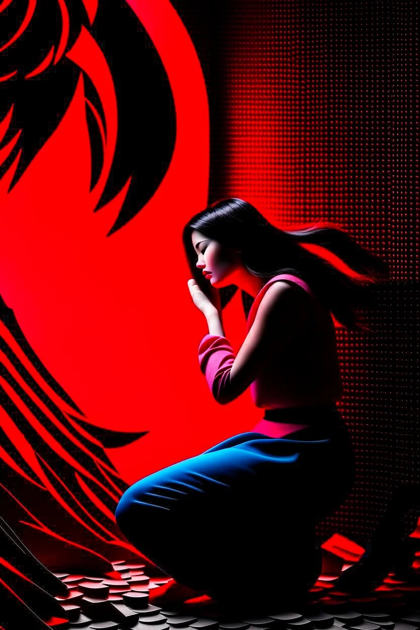 Image of a woman sitting alone, surrounded by shadowy figures whispering in her ear, suggesting the influence of manipulation and dark psychology on individual perceptions of attractiveness Give it a very dark frightening vibe. Use black and red theme.