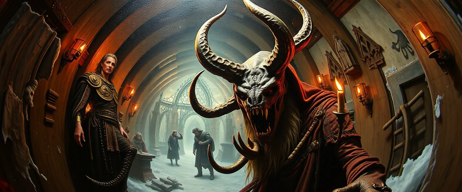 pin hole cam, master oil painting by Rembrandt, d&d monster beholder eye tyrant and lich in ice hall