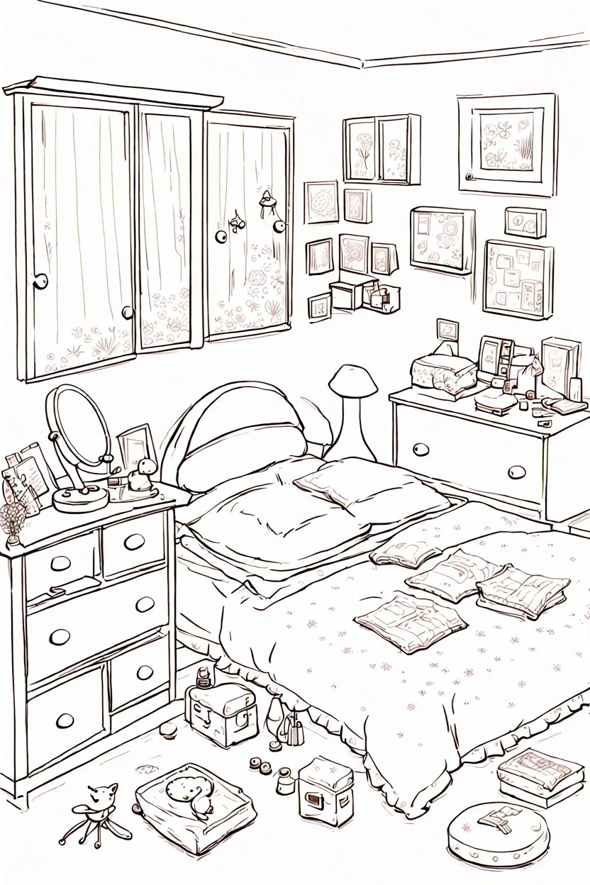 girl bedroom, many objects, line arts, manga style