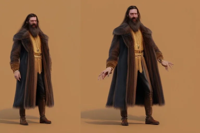 braided long haired bearded tall man wearing gold rings and long fur trimmed merchant's coat, dark background, dynamic lighting, full body character design, golden glowing eyes, medieval fantasy